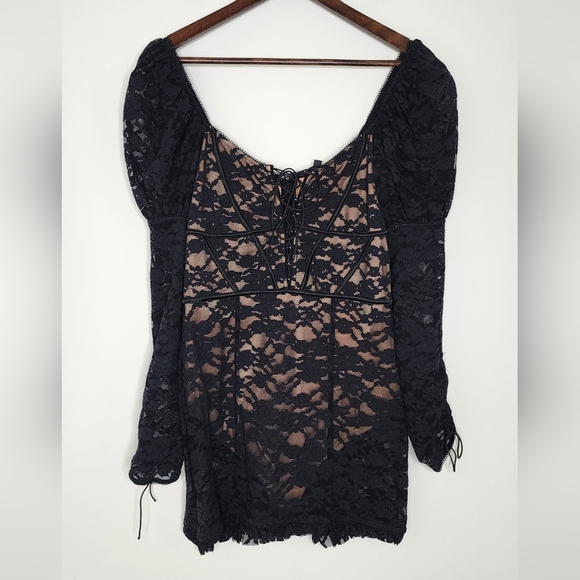 For Love & Lemons Violetta Black Lace Puff Sleeve Cocktail Dress Med Night Out - Picture 2 of 16